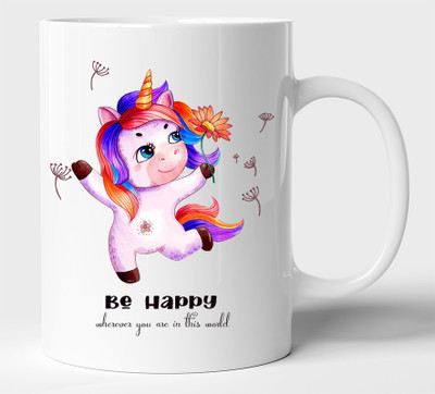 BLISSart Be Happy Where You Are In This World Multicolour Tea/Milk Cup Best Gift For girls men Husband Wife Ceramic Coffee Mug(350 ml)