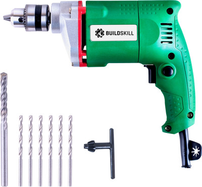 BUILDSKILL 10MM Professional Powerful Heavy Drill Machine with 7 High Quality Bits BED1100-Greenbits Pistol Grip Drill(10 mm Chuck Size)
