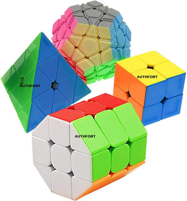 Authfort 3 X 3 Megaminx Sculpted Stickerless Pentagon cube and 3 X 3 Barrel, 2 X 2 & Pyramid Speed Stickerless Cube combo pack of 4(4 Pieces)