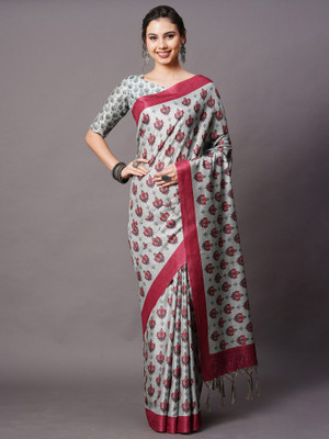 Ratnavati Floral Print Sambalpuri Silk Blend Saree(Grey)