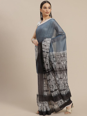 ANOUK Printed Chanderi Cotton Blend Saree(White, Grey)