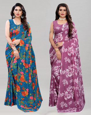 SIRIL Floral Print, Geometric Print, Printed Daily Wear Georgette Saree(Pack of 2, Purple, Blue)