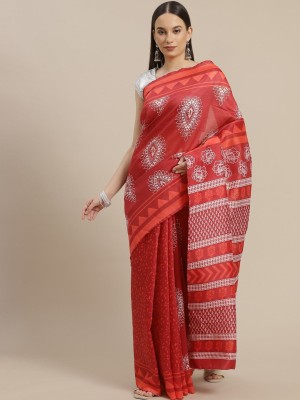 ANOUK Printed Chanderi Cotton Blend Saree(White, Maroon)