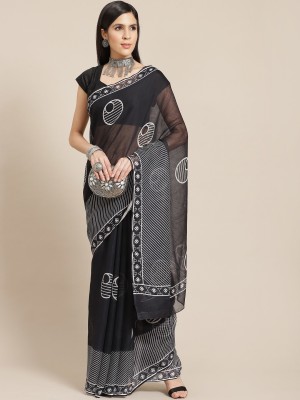 ANOUK Printed Bollywood Cotton Linen Saree(Black)