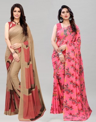 SIRIL Floral Print, Geometric Print, Printed Daily Wear Georgette Saree(Pack of 2, Pink, Beige)