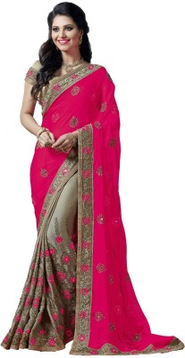 b bella creation Embroidered Bollywood Net, Art Silk Saree(Pink, Cream)