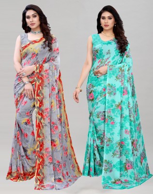 SIRIL Floral Print Daily Wear Georgette Saree(Pack of 2, Light Blue, Grey)