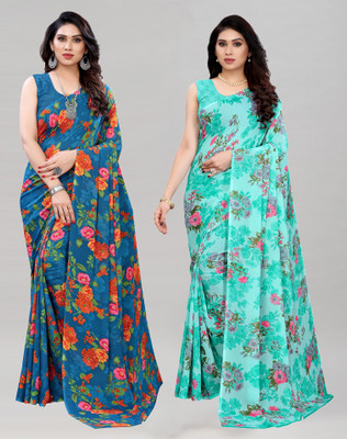 SIRIL Floral Print, Geometric Print, Printed Daily Wear Georgette Saree(Pack of 2, Light Blue, Blue)