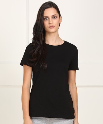 VAN HEUSEN Solid Women Round Neck Black T-Shirt