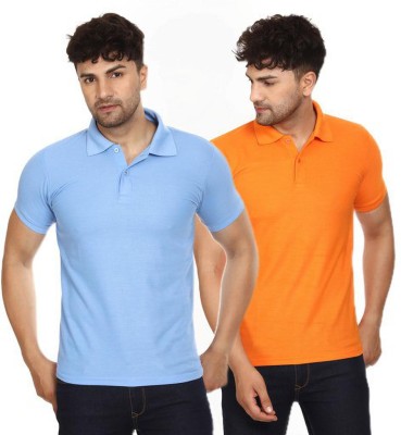 SMAN Solid Men Polo Neck Light Blue, Orange T-Shirt