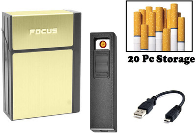 FITUP FOCUS Cigarette Case Box Lighter with Flameless Removable Electronic Lighter Windproof Torch Lighter 20 Pcs Cigarette Holder Case Box | Fast USB Rechargeable Portal Lighter Cigarette Lighter(Golden)