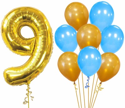 Party Propz Solid 9th Birthday Decorations Kit For Baby Boy With Number 9 Foil Balloon and Gold Blue Metallic Balloons Set 9Pcs for Kids Boy Party Supplies Balloon(Multicolor, Pack of 9)