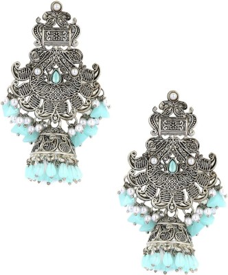 Oomph Oxidised Silver Tone Turquoise Blue Opal Beads Large Turquoise, Cubic Zirconia, Crystal, Zircon Metal Jhumki Earring