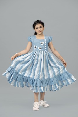 Mirrow Trade Girls Calf Length Casual Dress(Blue, Short Sleeve)