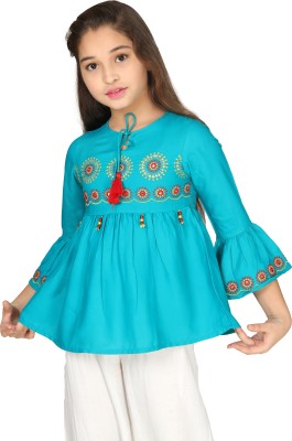 Ishin Girls Casual Rayon A-line Top(Blue, Pack of 1)