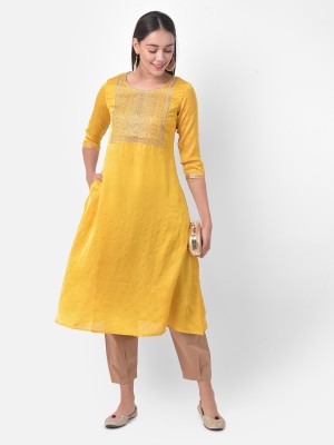 Span Women Embroidered A-line Kurta(Yellow)