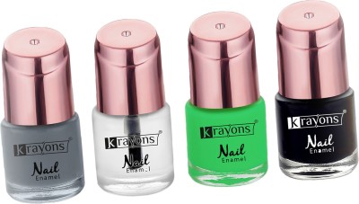 KRAYONS Crazy Gel Nail Enamel, Waterproof, Quick Dry, 32ml, Combo (Pack of 4) Charcoal Grey, Top Coat, Neon Green, Black Shadow(Pack of 4)