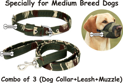 PEDIGONE Dog Belt Combo of Green Army Print Dog Collar Dog Collar & Leash(Medium, Green Army Medium)