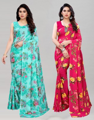 SIRIL Floral Print Daily Wear Georgette Saree(Pack of 2, Light Blue, Red)