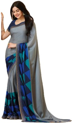 VIRHAN Printed Bhagalpuri Georgette Saree(Blue, Grey)