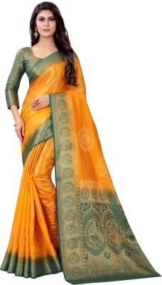 PICKWELL Woven Banarasi Cotton Silk Saree(Green, Yellow)