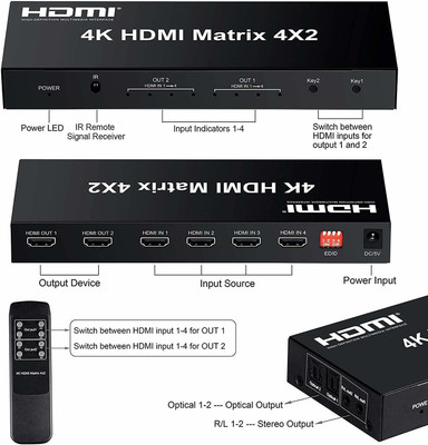 microware 4x2 HDMI Matrix Switch, 4 in 2 Out Matrix HDMI Video Switcher Splitter Media Streaming Device(Black)