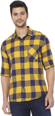 MUFTI Men Checkered Casual Yellow Shirt