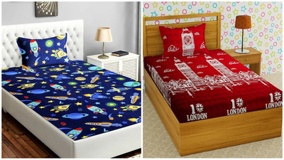 HSR Collection 200 TC Microfiber Single 3D Printed Flat Bedsheet(Pack of 2, Multicolor)