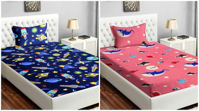 HSR Collection 200 TC Microfiber Single 3D Printed Flat Bedsheet(Pack of 2, Multicolor)