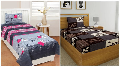 HSR Collection 200 TC Microfiber Single 3D Printed Flat Bedsheet(Pack of 2, Multicolor)