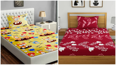 HSR Collection 200 TC Microfiber Single 3D Printed Flat Bedsheet(Pack of 2, Multicolor)