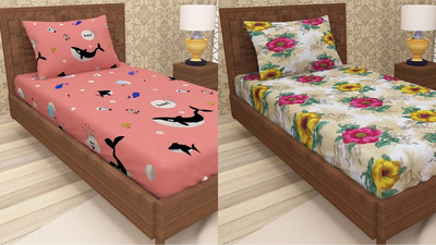 HSR Collection 144 TC Microfiber Single 3D Printed Flat Bedsheet(Pack of 2, Multicolor)
