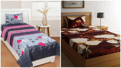 HSR Collection 200 TC Microfiber Single 3D Printed Flat Bedsheet(Pack of 2, Multicolor)