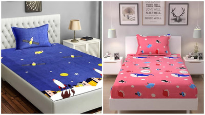 HSR Collection 200 TC Microfiber Single 3D Printed Flat Bedsheet(Pack of 2, Multicolor)