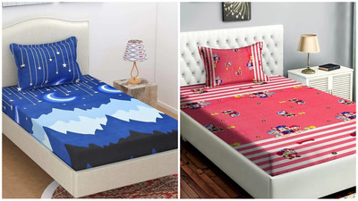 HSR Collection 200 TC Microfiber Single 3D Printed Flat Bedsheet(Pack of 2, Multicolor)
