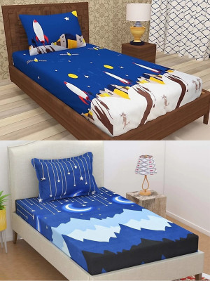 HSR Collection 144 TC Microfiber Single 3D Printed Flat Bedsheet(Pack of 2, Multicolor)