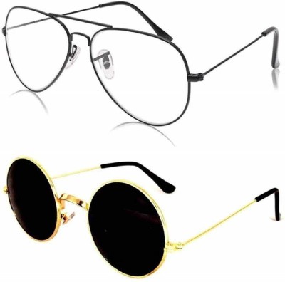 Shiv Aviator, Round Sunglasses(For Women, Black, Clear)