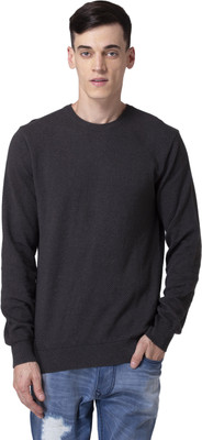 Allen Cooper Striped Round Neck Casual Men Black Sweater