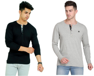 FARICON Colorblock Men Henley Neck Black, Grey T-Shirt