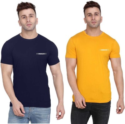 INDIZO Solid Men Round Neck Blue, Yellow T-Shirt