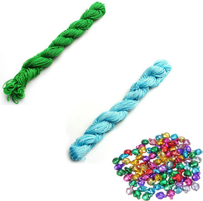 AN Sunshine Combo of beading Nylon Cord Thread 30 Mtr Chinese Knot Macrame Braided String Color - Green Sky Blue & 100 Multicolor Ghungroo / Jingle Bells