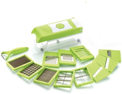 SHIVOHAM ENTERPRISE 12 in 1 Graters Slicer juicer Chipser, Dicer, Cutter Chopper Upgraded Deluxe Model with Peeler and Heavy Stainless Steel Blades Vegetable & Fruit Slicer(6 Nos. Slicing & Grating Blades, 1 No 2 in 1 Peeler With Grater, Main Unit With Container, 1 Safety Holder, 2 Nos. 2 in 1 Dicin