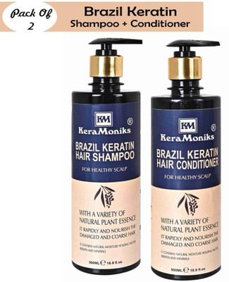 Keramoniks Brazil Keratin Shampoo + Conditioner Combo Pack Of 2 x 500 Ml-Smoother & Shiner Hair with Keratin Protein,Free from Paraben and Sulphate(2 Items in the set)