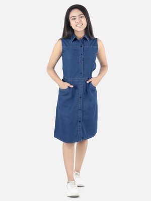 STYLESTONE Girls Midi/Knee Length Casual Dress(Blue, Sleeveless)