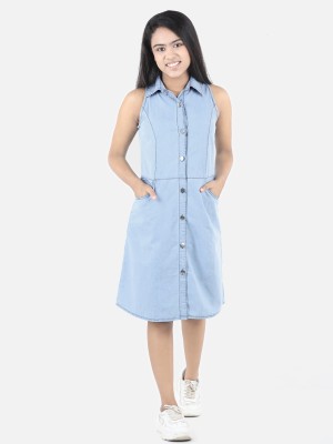 STYLESTONE Girls Midi/Knee Length Casual Dress(Blue, Sleeveless)