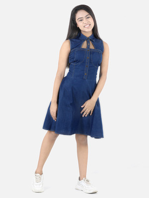 STYLESTONE Girls Midi/Knee Length Casual Dress(Blue, Sleeveless)