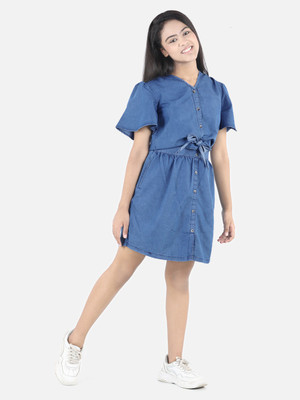 STYLESTONE Girls Midi/Knee Length Casual Dress(Blue, Half Sleeve)