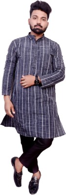 LIBSADRESSES Men Striped Straight Kurta(Black)