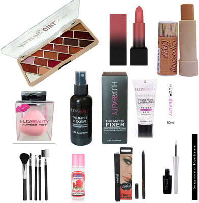 Glow and Go Anishka Makeup Combo Kit 10 item in the Set +1 Kajal +1 Huda Beauty fixer + 1 Puff Blender + 1 Eyeliner + 1 Concealer + 1 Eye palette + 5 pcs makeup brush +1 Rose water + 1 primer + 1 matte lipstick(Pack of 10) Glow and Go Anishka Makeup Combo Kit 10 item in the Set +1 Kajal +1 Huda Beauty fixer + 1 Puff Blender + 1 Eyeliner + 1 Concealer + 1 Eye palette + 5 pcs makeup brush +1 Rose water + 1 primer + 1 matte lipstick(Pack of 10)
