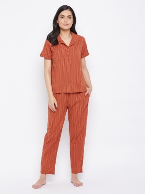 Clovia Women Striped Brown Shirt & Pyjama set